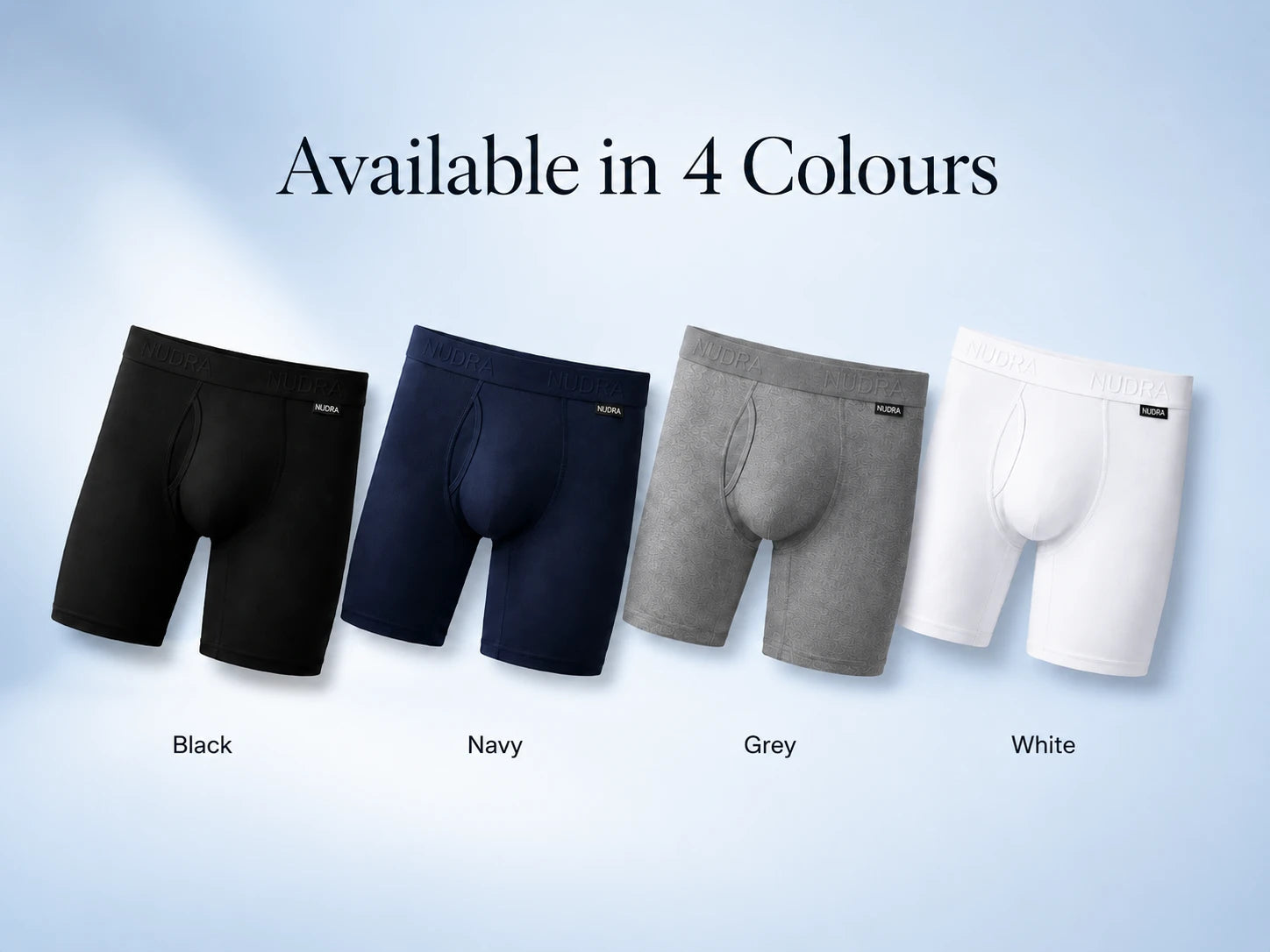 Nudra organic cotton boxer briefs available in 4 colours: black, navy, grey and white